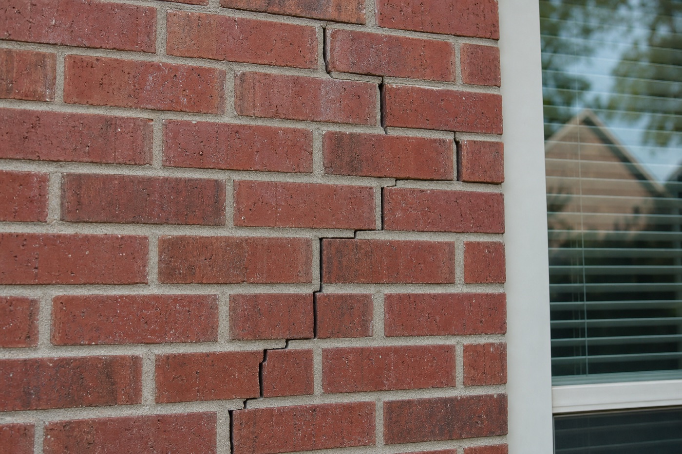 Stair-step crack pattern in exterior brick mortar joints — a common sign of foundation movement in Texas