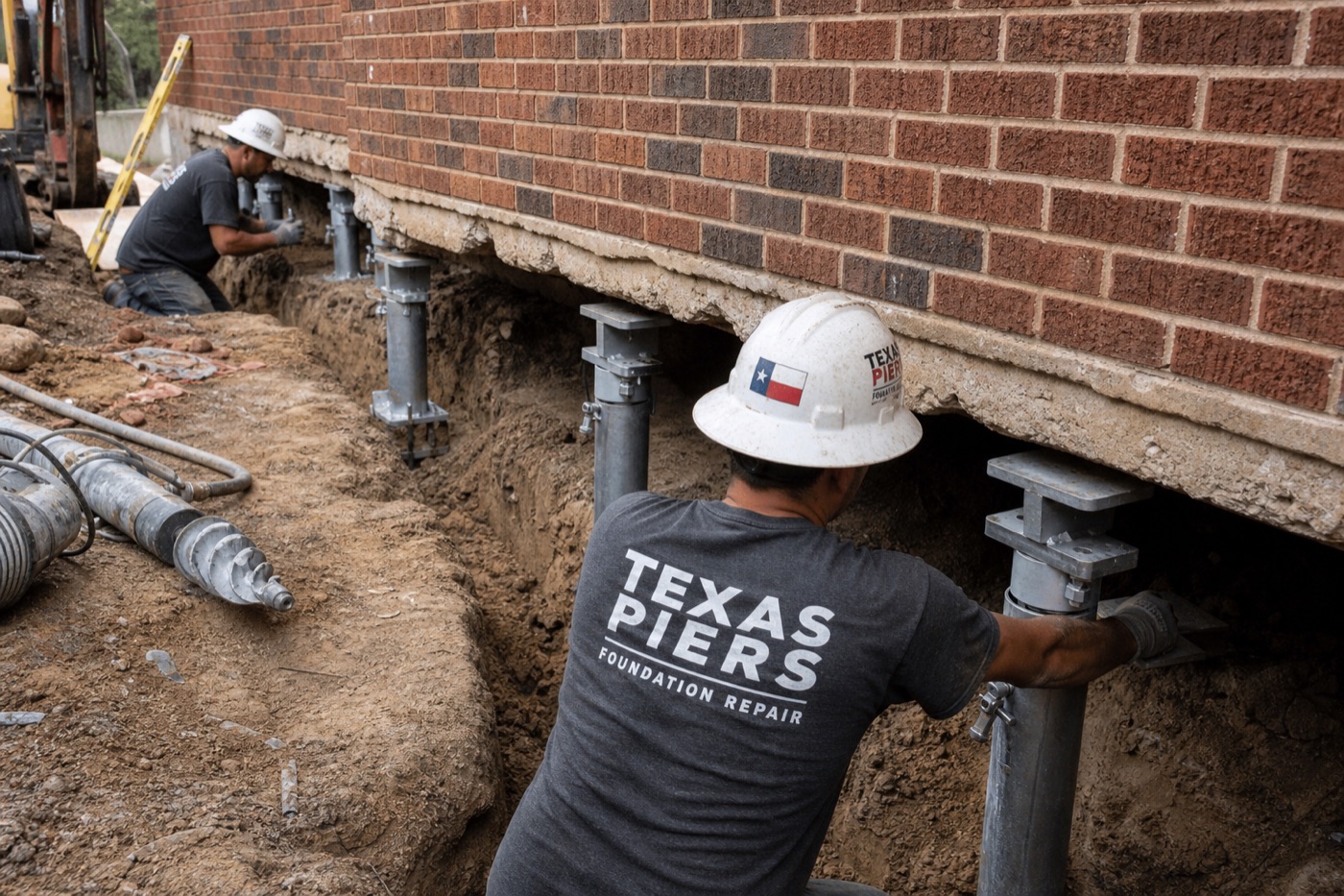 Foundation repair crew installing steel piers at a Texas residential job site