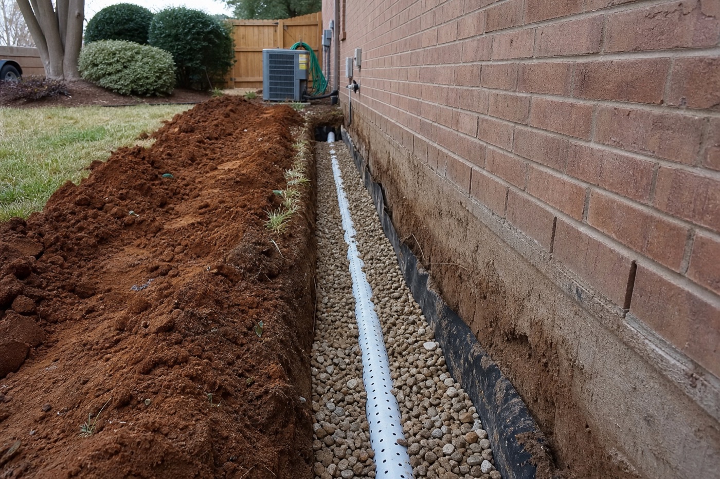 Drainage pipe laid in a gravel trench along a home foundation for French drain installation