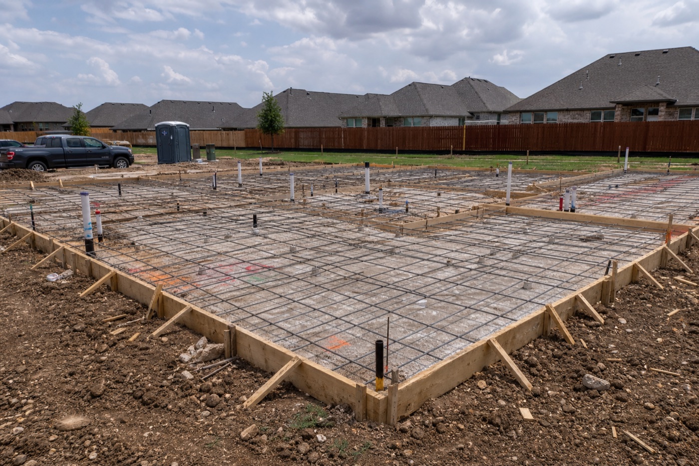 Residential foundation and slab work at a Texas home — storm saturation on clay soil can accelerate settlement