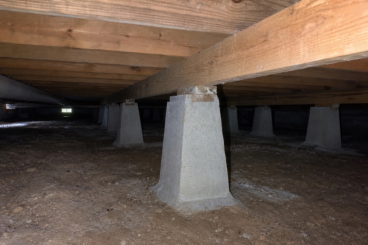 Pier-and-beam crawlspace under a Texas home showing wooden floor joists and concrete support piers