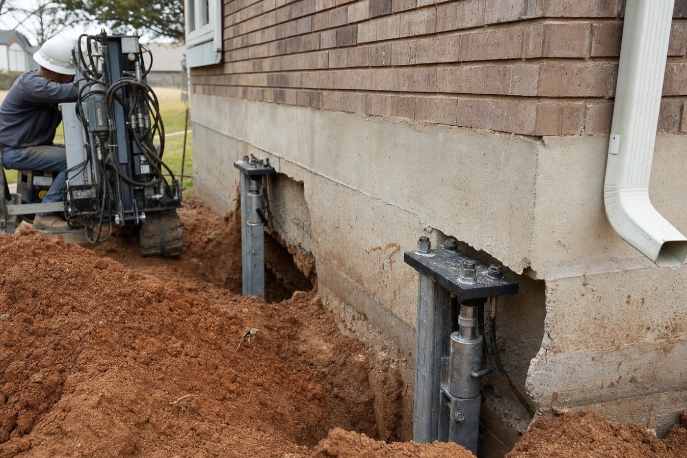 Foundation repair crew installing piers at a North Texas brick home