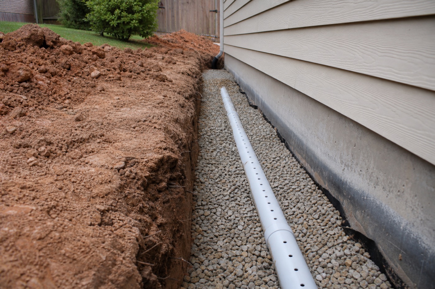 Trench excavation for underground drainage pipe installation along a home foundation